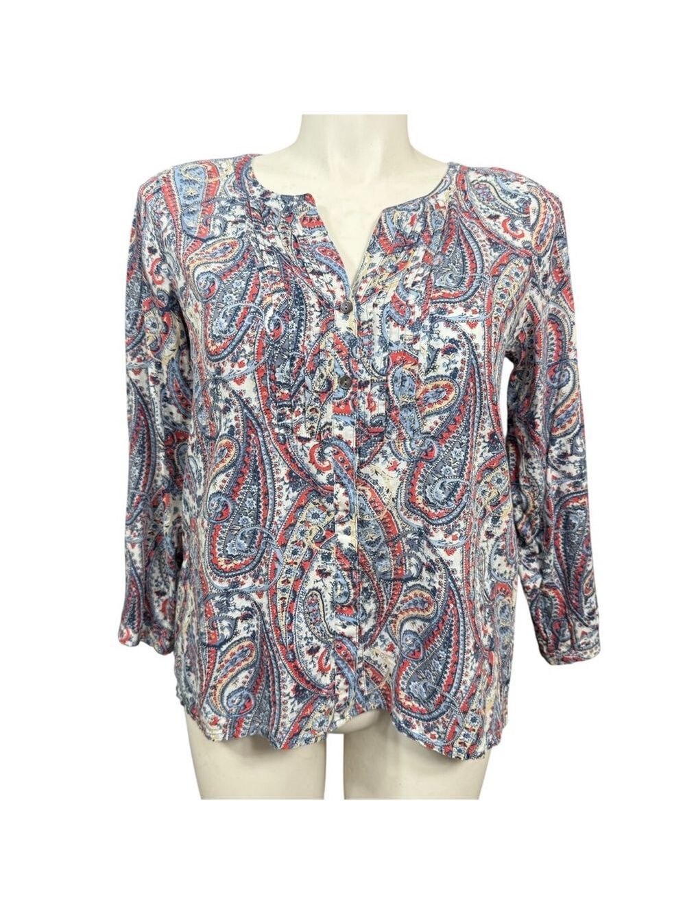 J.Jill Paisley Button Front Blouse Women M Petite Blue Red Long Sleeve